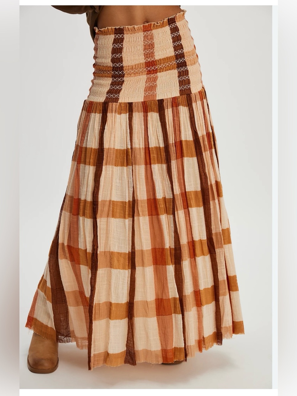 Free People Ravenna Convertible Maxi Skirt XS NWT Neutral Check Plaid Smocked